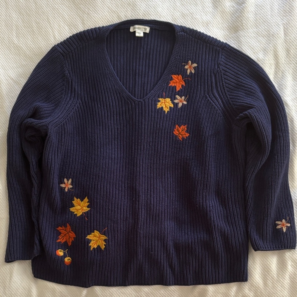 Coldwater Creek Navy Sweater with Autumn Leaf Embroidery